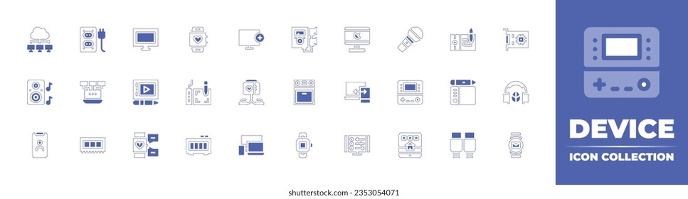 Device icon collection. Duotone style line stroke and bold. Vector illustration. Containing devices, socket, computer, smartwatch, add, music player, pc, host, pen, card, speaker, local, and more.