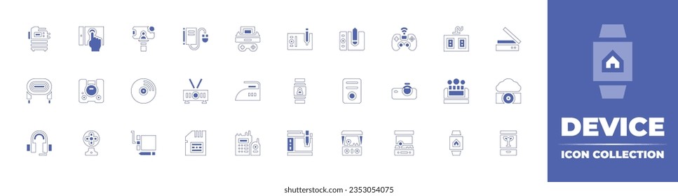 Device icon collection. Duotone style line stroke and bold. Vector illustration. Containing photocopier, touchpad, selfie, ebook, game console, graphic tablet, gamepad, power strip, scanner, and more.
