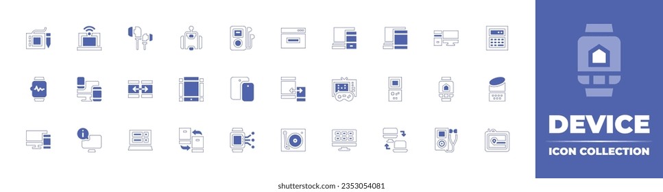 Colección de iconos de dispositivo. Curso de línea de estilo duotónico y negrita. Ilustración vectorial. Contiene tableta gráfica, portátil, auriculares, manos libres, reproductor, navegador, receptivo, computadora, calculadora y más.