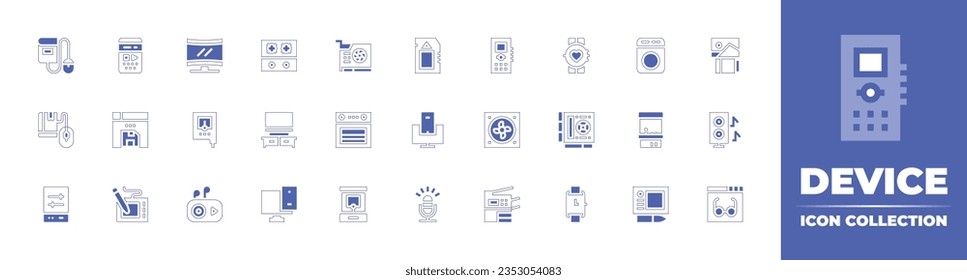 Device icon collection. Duotone style line stroke and bold. Vector illustration. Containing ebook, voice recorder, curved screen, stove, video card, memory card, tape recorder, smart watch, and more.