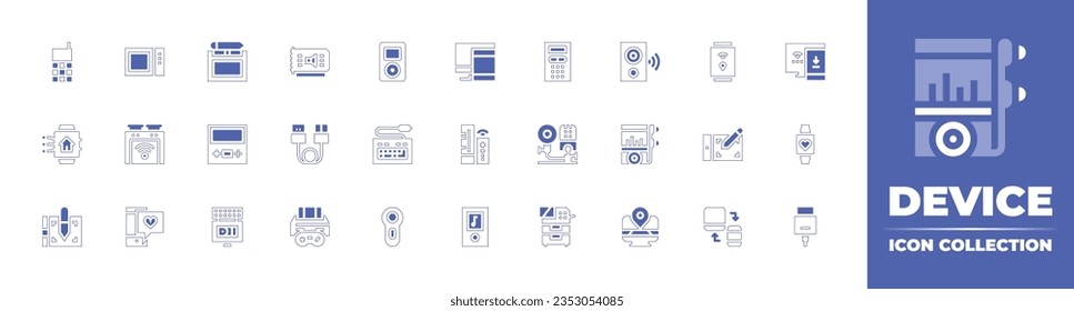 Device icon collection. Duotone style line stroke and bold. Vector illustration. Containing cellphone, microwave, graphic tablet, sound card, ipod, responsive, alarm, speaker, smartwatch, and more.