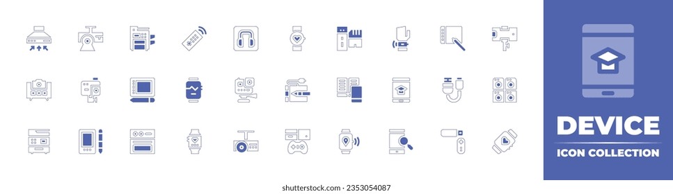 Device icon collection. Duotone style line stroke and bold. Vector illustration. Containing kitchen hood, projector, photocopier, remote control, headphones, fitness, pen drive, smartwatch, and more.
