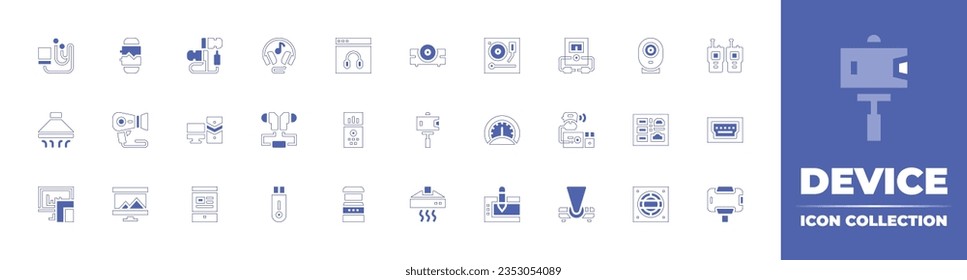 Colección de iconos de dispositivo. Curso de línea de estilo duotónico y negrita. Ilustración vectorial. Con reproductor de mp, reloj inteligente, auriculares, auriculares, auriculares, proyector, voltímetro y más.
