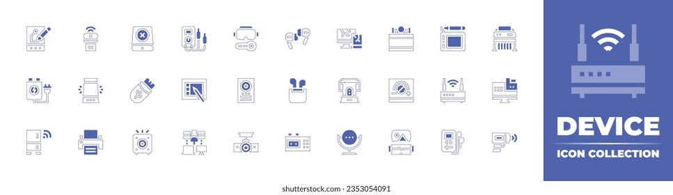 Colección de iconos de dispositivo. Curso de línea de estilo duotónico y negrita. Ilustración vectorial. Con tableta de dibujo, unidad usb, almacenamiento de datos, multímetro, gafas de realidad virtual, audífonos, computadora y más