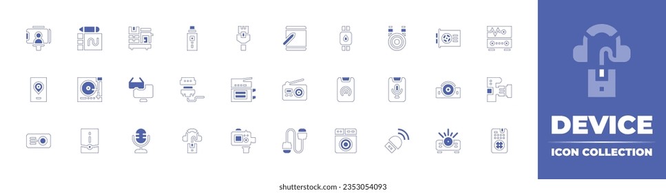Colección de iconos de dispositivo. Curso de línea de estilo duotónico y negrita. Ilustración vectorial. Con selfie, tableta gráfica, fotocopiadora, nicotina, ethernet, reloj inteligente, tarjeta gráfica, cardiograma y más.