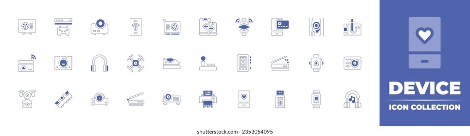 Device icon collection. Duotone style line stroke and bold. Vector illustration. Containing sports, console, projector, iot, video card, responsive design, smartwatch, online payment, and more.