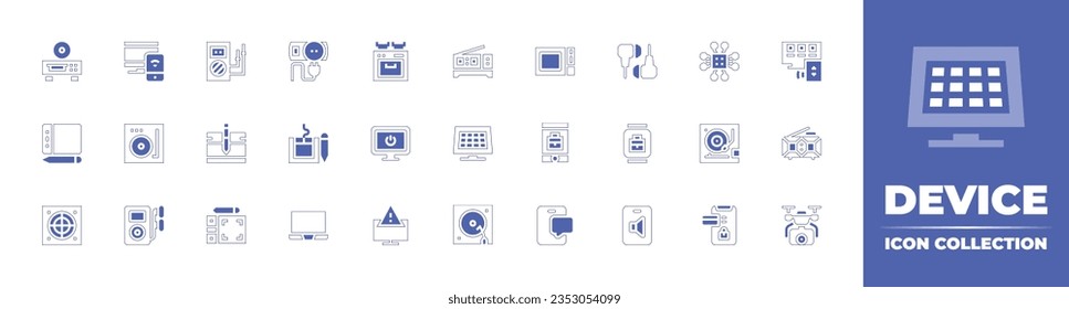 Colección de iconos de dispositivo. Curso de línea de estilo duotónico y negrita. Ilustración vectorial. Con reproductor de dvd, sensible, corriente eléctrica, enchufe, cocina, reloj digital, microondas, auriculares, chip y más
