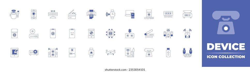 Device icon collection. Duotone style line stroke and bold. Vector illustration. Containing pot, idea, infrared lamp, scanner, printer, smartwatch, laptop, mp player, ram memory, scale, ipod, and more