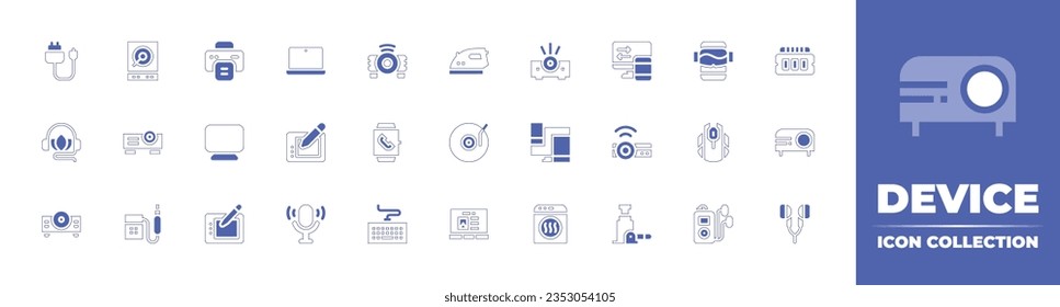 Colección de iconos de dispositivo. Curso de línea de estilo duotónico y negrita. Ilustración vectorial. Consta de cargador, disco duro, chorro de tinta, portátil, proyector, plancha, transferencia, gafas, memoria RAM, terapia musical y más.