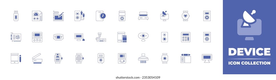 Colección de iconos de dispositivo. Curso de línea de estilo duotónico y negrita. Ilustración vectorial. Conteniendo la unidad de lápiz, el probador, el dibujo digital, el voltímetro, el tiempo, el ipod, el peso, el tv inteligente, el reloj inteligente, la música y más.