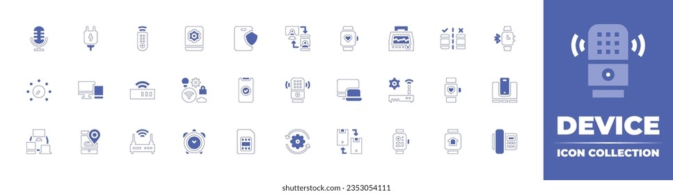 Device icon collection. Duotone style line stroke and bold. Vector illustration. Containing mic, charger, remote control, smartphone, security, connected, smartwatch, vital signs, testing, and more.