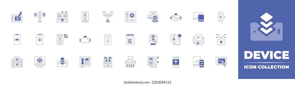 Device icon collection. Duotone style line stroke and bold. Vector illustration. Containing graphic tablet, speaker, motherboard, mobile phone, drone, dj, projector, glasses, responsive, and more.