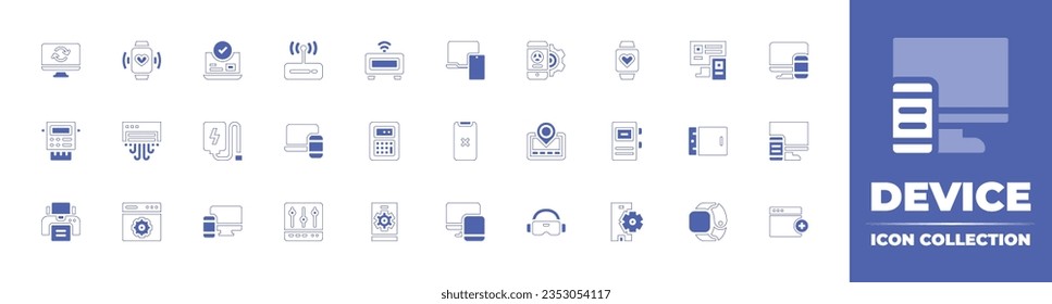 Colección de iconos de dispositivo. Curso de línea de estilo duotónico y negrita. Ilustración vectorial. Con actualización, reloj inteligente, reserva en línea, enrutador inalámbrico, reloj, dispositivos electrónicos, smartphone y más.
