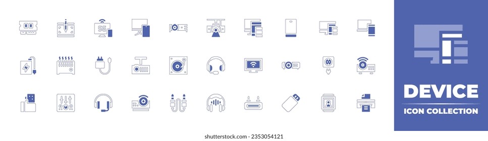 Colección de iconos de dispositivo. Curso de línea de estilo duotónico y negrita. Ilustración vectorial. Contiene memoria RAM, tablet gráfica, dispositivos, dispositivos electrónicos, proyector, dispositivo, respuesta, laptop y más.