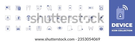 Device icon collection. Duotone style line stroke and bold. Vector illustration. Containing microwave, tablet, earphones, power bank, usb cable, voice, loading, open, thermostat, monitor, and more.