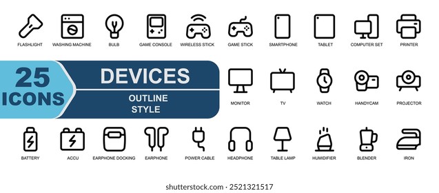 ícone de dispositivo collection.line icon set.contains jogo stick,game,smartphone,cellphone,tablet,computador set,computador,impressora,monitor,tela.

