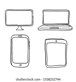 Device icon: Computer, laptop, tablet and smartphone set with handdrawn doodle style 