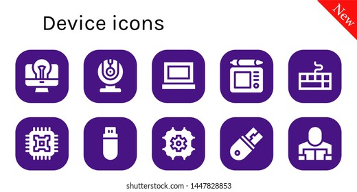 device icon set. 10 filled device icons.  Collection Of - Computer, Webcam, Laptop, Graphic tablet, Keyboard, Cpu, Pendrive, Usb, Reader