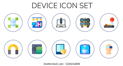 device icon set. 10 flat device icons.  Collection Of - server, headphones, d printer, database, laptop, touch screen, gamepad, joystick, virtual reality