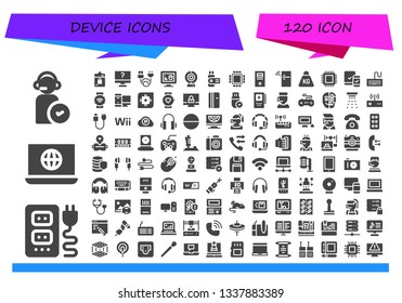 device icon set. 120 filled device icons.  Simple modern icons about  - Operator, Socket, Laptop, Harddrive, Computer, Charge, 3d print, Cam, Usb, Cpu, Fridge, Weight, Responsive