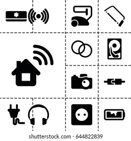 Device Icon. Set Of 13 Filled Deviceicons Such As Plug Socket, Vacuum Cleaner, Hacksaw, Camera, Camera Lense, Broken Battery, Plug, Air Conditioner, Hard Disc, Home Connection