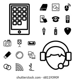 Device Icon. Set Of 20 Device Filled And Outline Icons Such As Cpu, Remote Control, Desk Phone, Guitar Mediator, Loudspeaker, Camera Lense, Usb Drive, Battery, Broken Battery