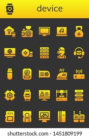 device icon set. 26 filled device icons.  Collection Of - Smart home, Smartwatch, Photo camera, Monitor, Laptop, Weight, Computer, Server, Call center, Headphones, Pendrive, Hdd