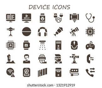 device icon set. 30 filled device icons.  Simple modern icons about  - Ebooks, Screen, Pendrive, Charge, Selfie stick, Stethoscope, Cymbals, Tablet, Headphones, Spyglass, Telescope