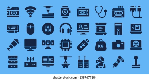 device icon set. 32 filled device icons. on blue background style Collection Of - Photo camera, Keyboard, Spyglass, Database, Wifi, Mouse, Screen, Modem, 3d printer, Controller