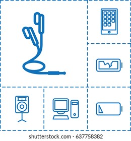 Device icon. set of 6 device outline icons such as earphones, loudspeaker, low battery, broken battery, pc