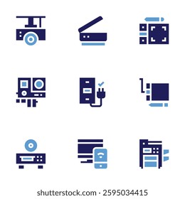 Device icon set. Bold style. Duotone colors. tablet, photocopier, dvd player, responsive, scanner, drawing tablet, projector, phone charger, action camera.