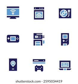 Device icon set. Bold style. Duotone colors. oven, game console, turntable, smart tv, laptop, navigation, photocopier, console.