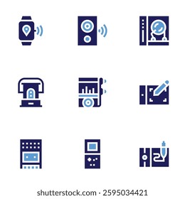 Device icon set. Bold style. Duotone colors. kerosene, recording, speaker, mp, dj, game console, graphic tablet, pen, smartwatch.