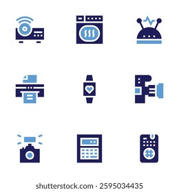 Device icon set. Bold style. Duotone colors. projector, printer, camera flash, calculator, drying machine, smartwatch, dslr camera, remote control, electricity.