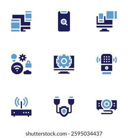 Device icon set. Bold style. Duotone colors. electronics, devices, search, settings, usb cable, iot, voice assistant, router device, projector device.