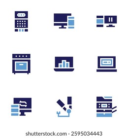Device icon set. Bold style. Duotone colors. responsive, voice recorder, laptop, oven, syncing, photocopier, hair straightener.