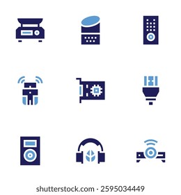 Device icon set. Bold style. Duotone colors. scale, tracker, music player, speaker, card, music therapy, remote control, hdmi cable, projector.