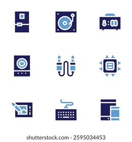 Device icon set. Bold style. Duotone colors. vinyl record, jack, keyboard, alarm clock, fridge, cpu, responsive, power bank, graphic tablet.