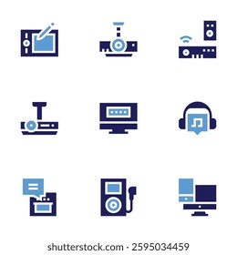 Device icon set. Bold style. Duotone colors. responsive, projector, tv box, tablet, music, oven, player, password.