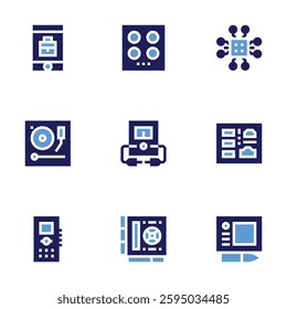 Device icon set. Bold style. Duotone colors. hob, mobile, wacom, turntable, voltmeter, chip, tape recorder, graphics card, card reader.