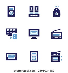 Device icon set. Bold style. Duotone colors. radio, copy machine, speakers, computer, calculator, music player, smart tv, hdmi port, air purifier.