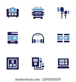 Device icon set. Bold style. Duotone colors. camera, copy machine, socket, transformer, headphones, voltmeter, responsive, notebook.