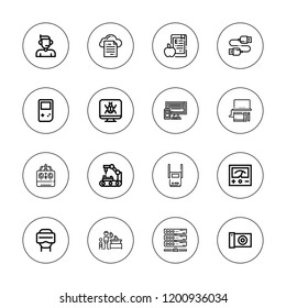 Device icon set. collection of 16 outline device icons with call center, camera, computer, design, ebook, game, gameboy, remote, responsive, robot arm, server, storage icons.