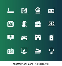 device icon set. Collection of 16 filled device icons included Audio guide, Scanner, Computer, Graphic tablet, Walkie talkie, Gamepad, Controller, Laptop, Portable fridge, Call center