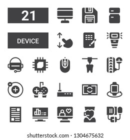 device icon set. Collection of 21 filled device icons included Blood pressure, Call center, Computer, Layout, Smartwatch, Screen, Router, Gamepads, Electron, Pressure, d printer
