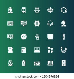 device icon set. Collection of 25 filled device icons included Server, Laptop, Graphic tablet, Remote control, Headphones, Cable, Printing, Memory card, Computer, Exoskeleton