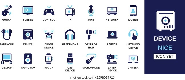 Device icon set collection. Guitar, screen, control, tv, mike, network, mobile, earphone, device, drone, headphone, laptop and best solid icon set.