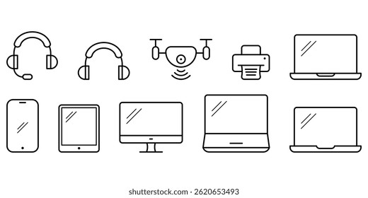 Device icon set with computer smartphone, tablet, laptop, drone, headphone, printer, screen technology vector illustration for electronic gadget collection.