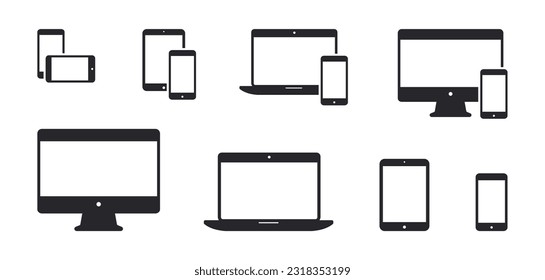 Device icon set. Devices and gadgets. Computer, laptop, tablet and smartphone. Vector illustration.