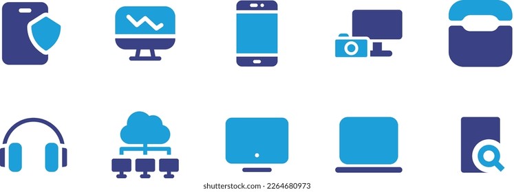 Device icon set. Duotone color. Vector illustration. Containing security, screen, mobile phone, devices, case, headset, monitor, laptop, find phone.